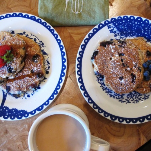 Healthy blueberry bran pancakes with a cup of tea